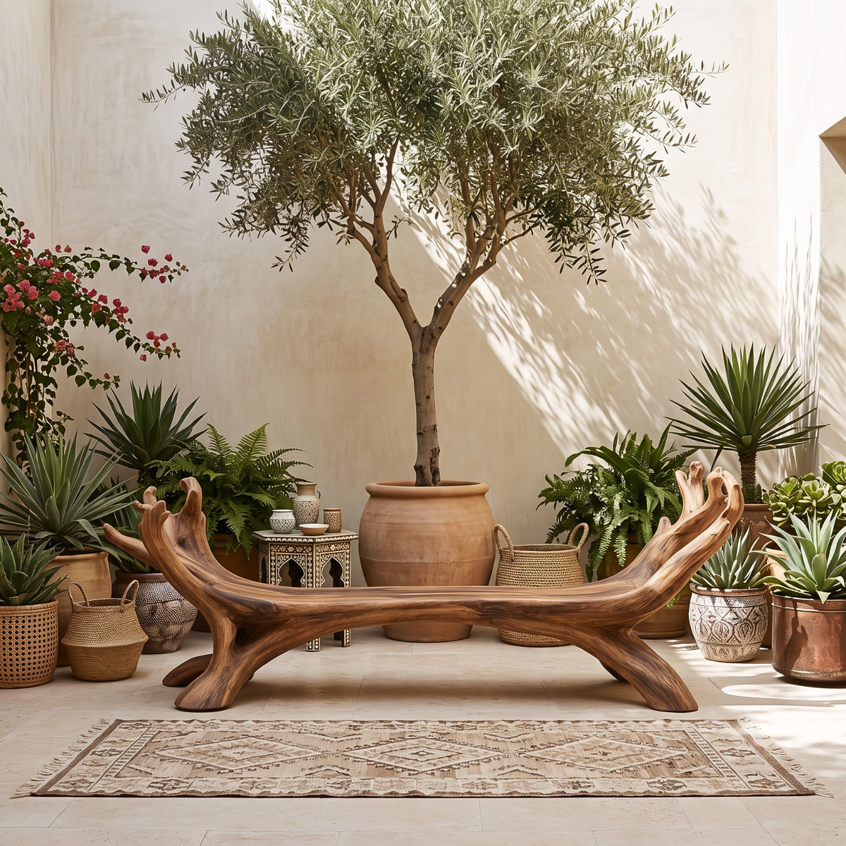 Sculptural Solid Wood Garden Bench with Branch Inspired Frame
