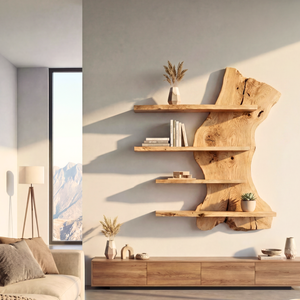 Organic Live Edge Solid Wood Wall Shelf Floating Multi Tier Display for Modern Interior