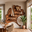 Ginkgo Leaf Solid Wood Wall Shelf with Sculptural Floating Shelves