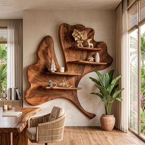 Ginkgo Leaf Solid Wood Wall Shelf with Sculptural Floating Shelves