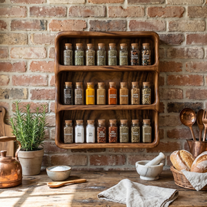 Handmade Solid Wood Kitchen Spice Rack with Rounded Box Frame and Triple Shelf Storage