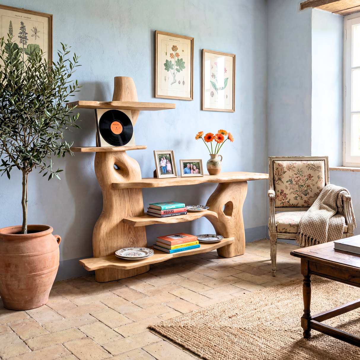 Sculptural Solid Wood Console Table with Organic Form and Tiered Display Shelves Artistic Freeform Console Table