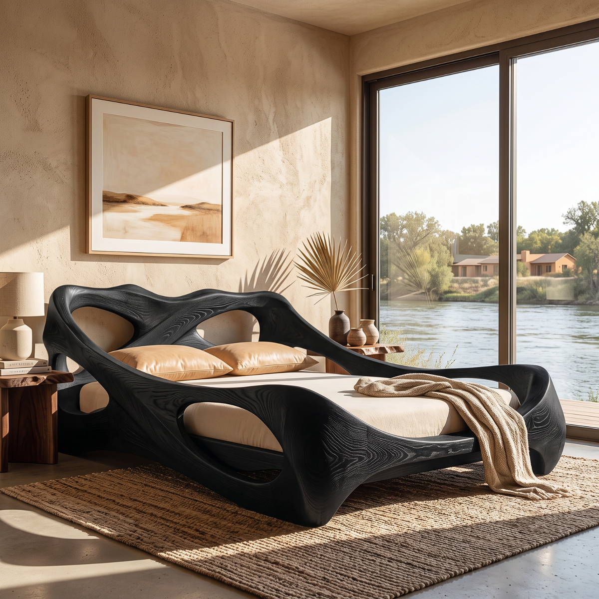 Sculptural Solid Wood Bed Frame with Organic Curved Headboard