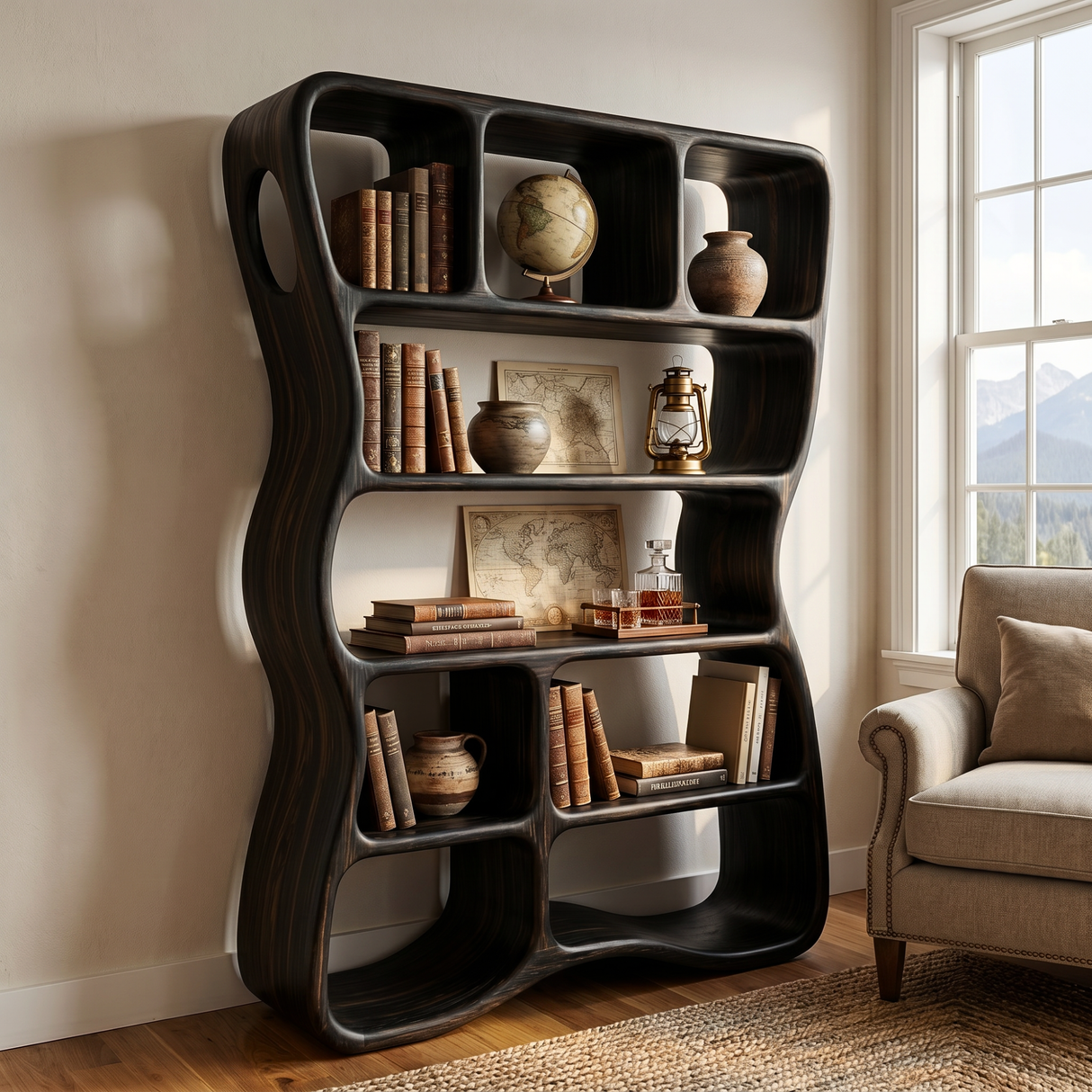 Handcrafted Solid Wood Organic Bookshelf with Rounded Open Shelves