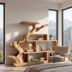 Sculptural Solid Wood Bookshelf with Elevated Shelf Tree Form Organic Modern Display