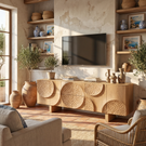 Solid Wood TV Cabinet with Sculptural Carved Doors for Organic Modern Interiors