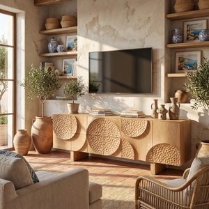 Solid Wood TV Cabinet with Sculptural Carved Doors for Organic Modern Interiors