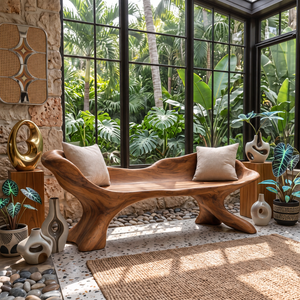 Curved Solid Wood Outdoor Bench with Sculptural Wing Backrest