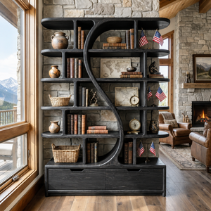 Organic Solid Wood Bookshelf with S Curve Divider and Base Drawers
