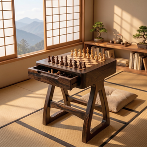 Handcrafted Solid Wood Chess Table with Storage Drawer and Sculptural Base