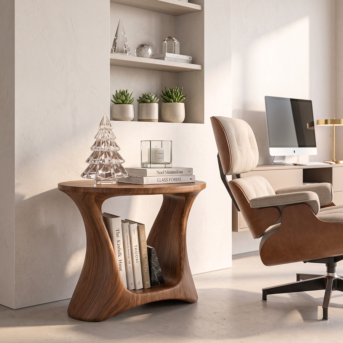 Handcrafted Solid Wood Side Table with Open Book Storage and Sculptural Curved Base