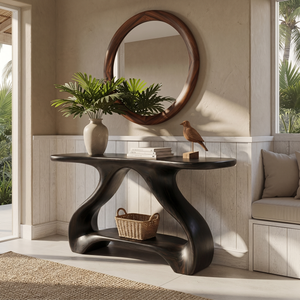 Organic Solid Wood Console Table with Sculptural Shelf Base