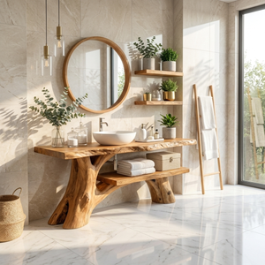 Bathroom Vanity Solid Wood with Organic Branch Legs and Open Shelf