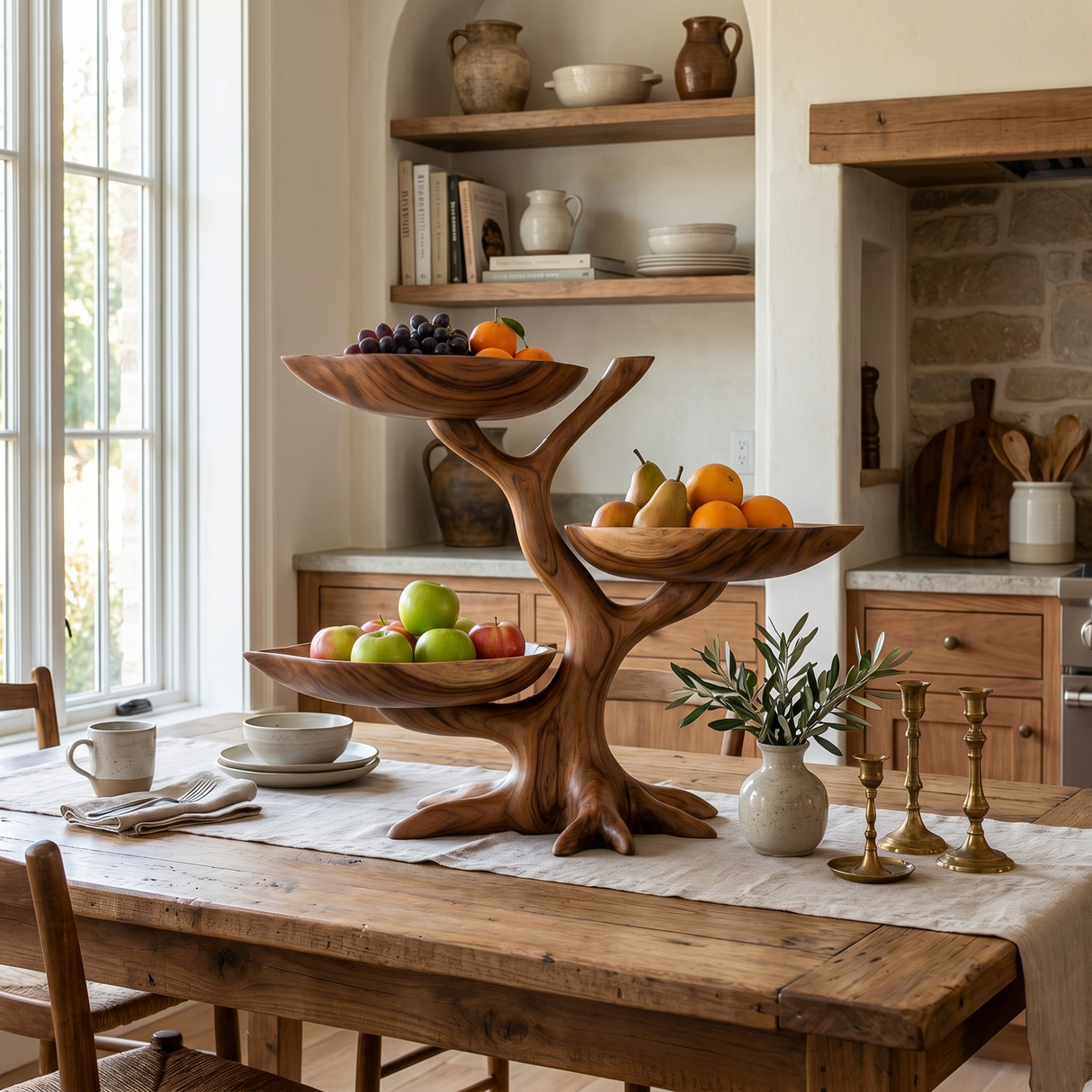 Handcrafted Solid Wood Tiered Fruit Centerpiece with Tree-Limb Stand and Curved Bowl Trays