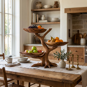 Handcrafted Solid Wood Tiered Fruit Centerpiece with Tree-Limb Stand and Curved Bowl Trays