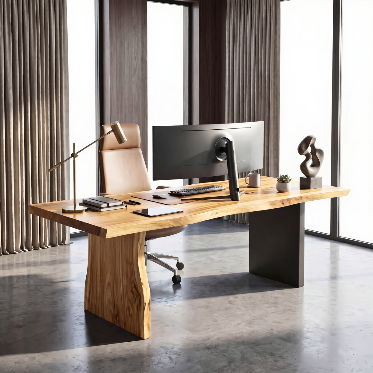 Solid Wood Office Desk with Live Edge Top and Panel Legs