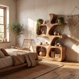 Sculptural Organic Wood Display Shelf with Open Compartments