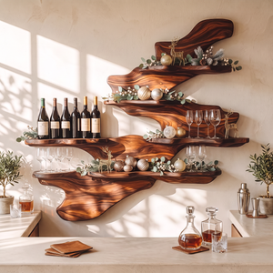 Flowing Wave Solid Wood Wall Wine Rack with Tiered Bottle and Glass Shelves