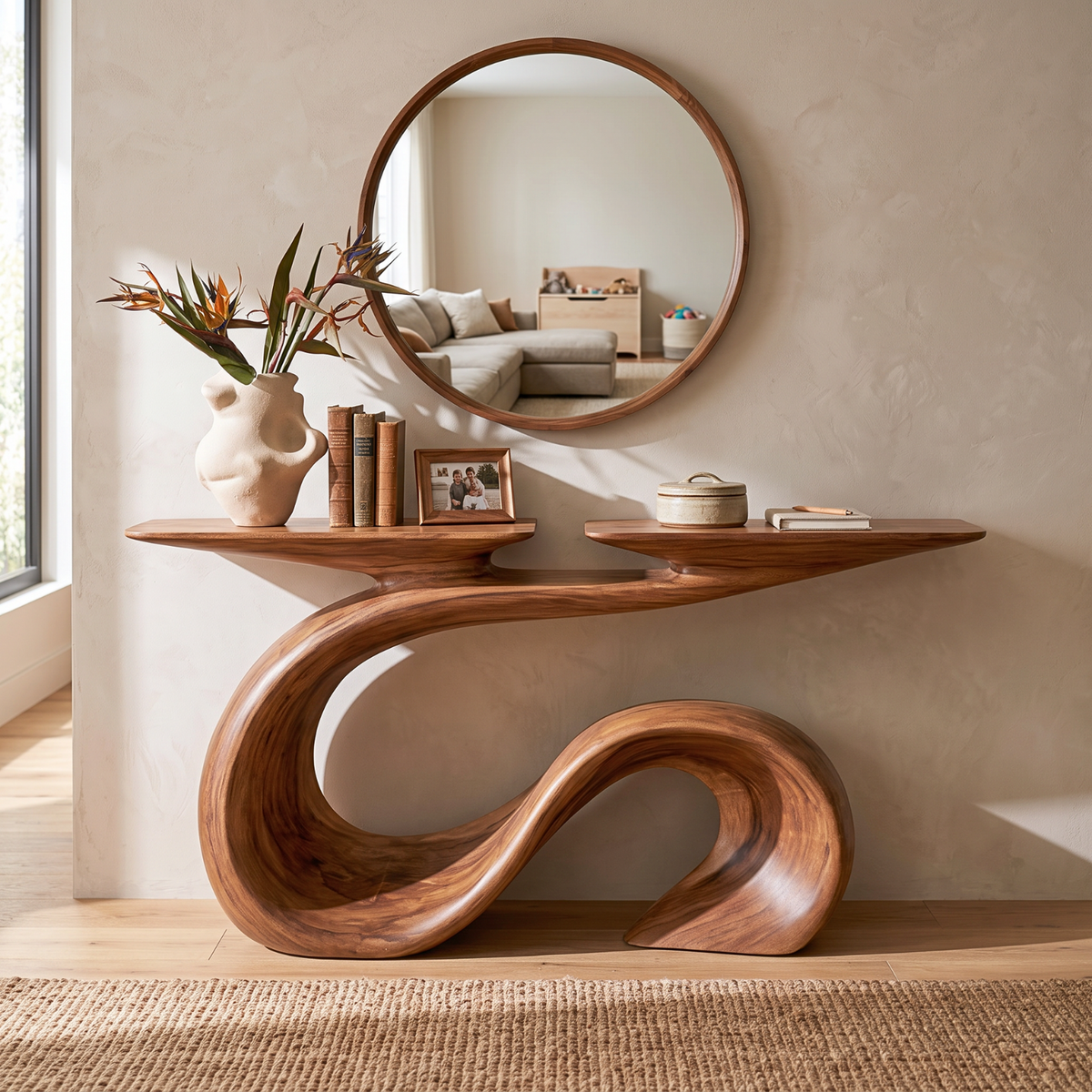 Organic Solid Wood Console Table with Sculptural Wave Base and Flowing S Curve Design