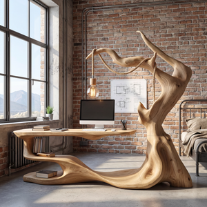Sculptural Wood Reading Table with Integrated Hanging Lamp