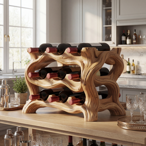 Organic Wave Solid Wood Wine Rack Sculptural Multi Tier Bottle Holder for Dining Table Display