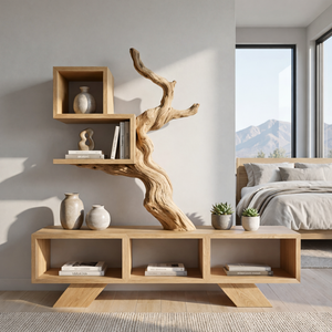 Solid Wood Sculptural Bookshelf with Tree Form Organic Modern Display Shelf Storage Unit