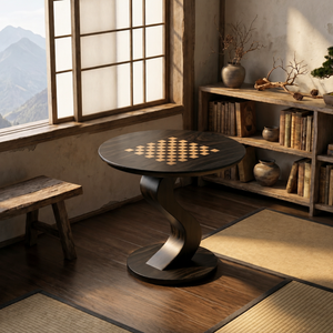 Solid Wood Round Chess Table with Curved Sculptural Pedestal Base