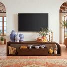 Curved Wood TV Cabinet with Open Shelving, Rustic Modern Media Console for Mediterranean Living Rooms