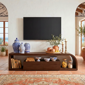 Curved Wood TV Cabinet with Open Shelving, Rustic Modern Media Console for Mediterranean Living Rooms