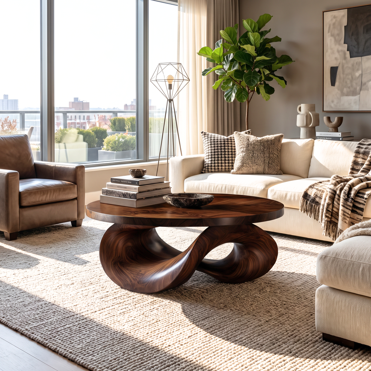 Coffee Table Solid Wood with Sculptural Intertwined Loop Base