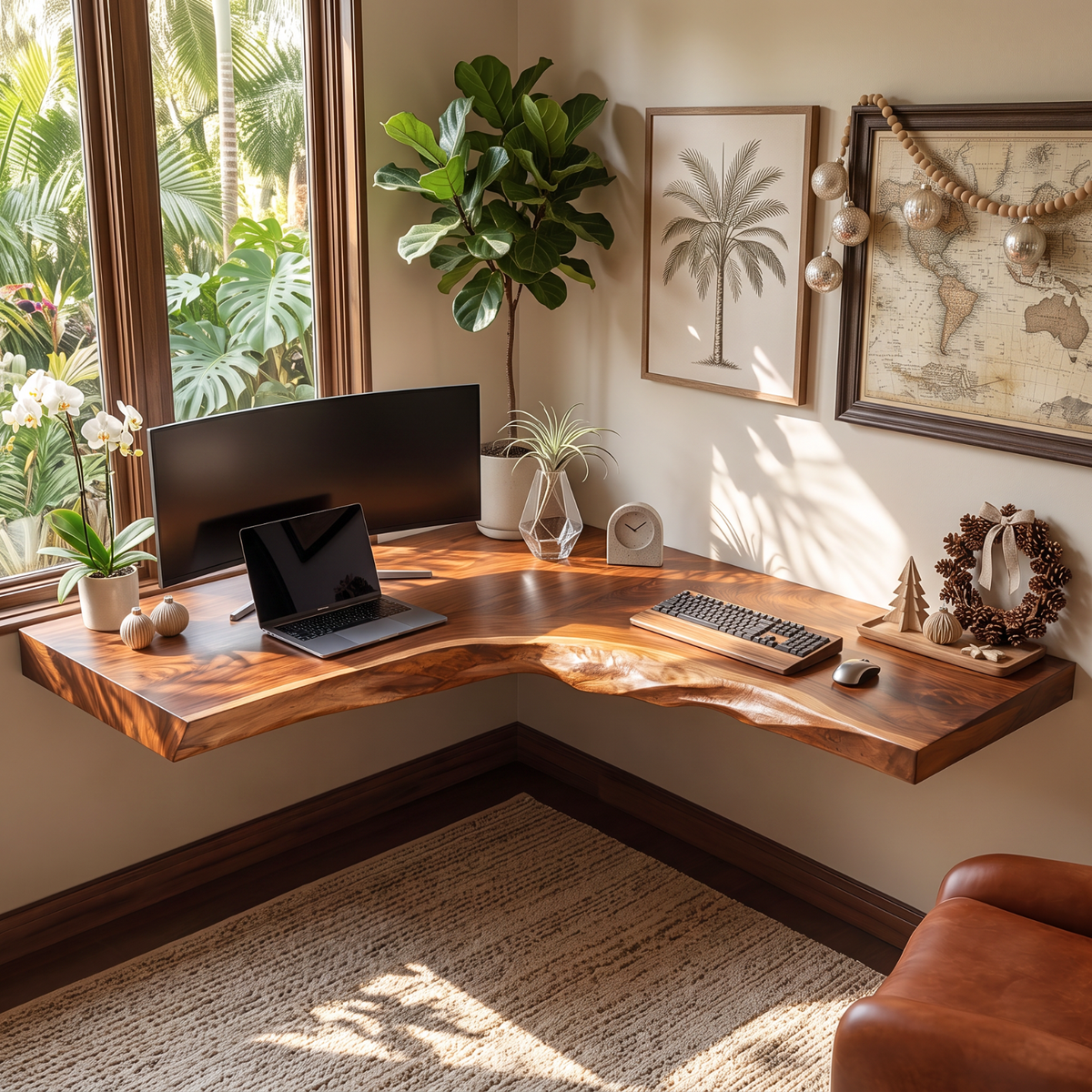 Live Edge Solid Wood Floating Corner Desk with Organic L Shaped Design