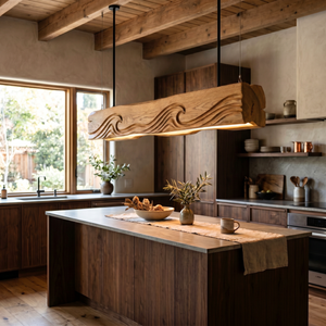 Carved Wave Wood Pendant Light for Dining Room