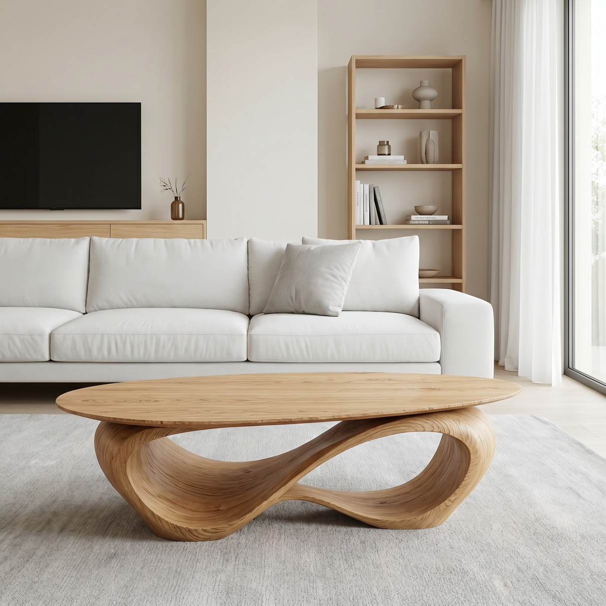Solid Wood Coffee Table with Twisted Hollow Wave Base for Living Room