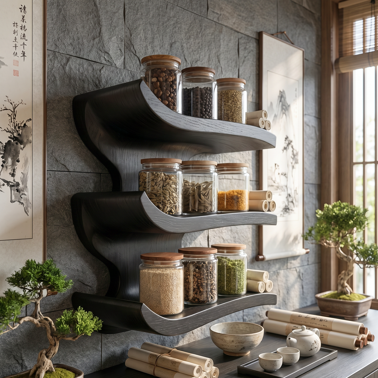 Solid Wood Three Tier Curved Spice Rack with Sculptural Wall Mounted Design
