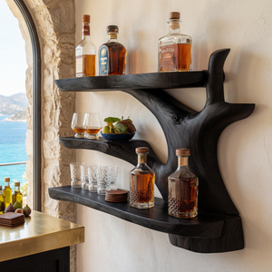 Handcrafted Solid Wood Wall Mounted Bar Shelf with Organic Open Display