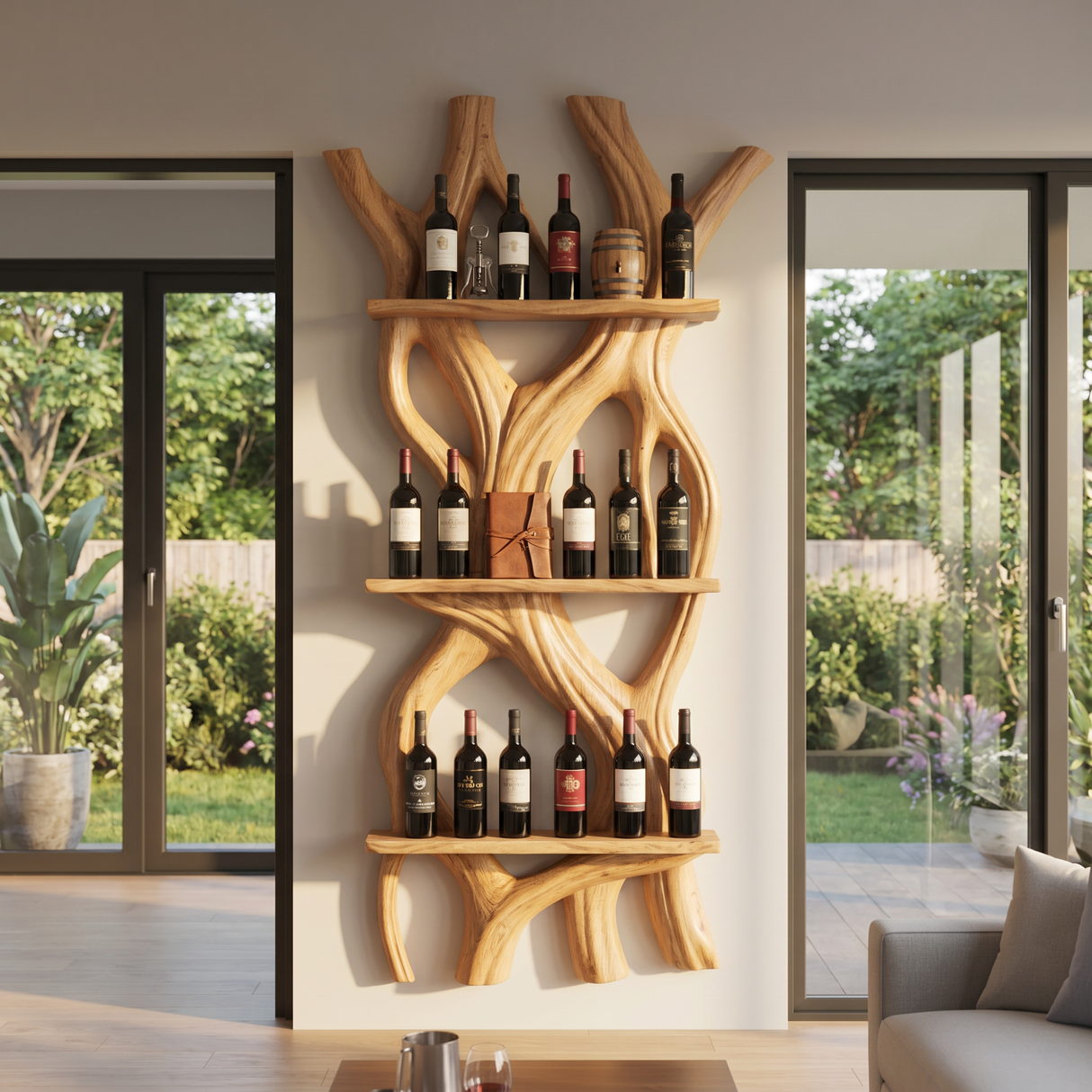 Sculptural Wooden Wine Display Organic Wall Mounted Bottle Rack