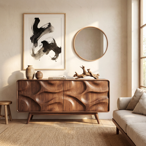 Sculpted Walnut Wood Sideboard Cabinet for Living Room or Dining Room