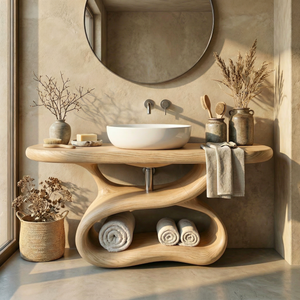 Sculptural Solid Wood Bathroom Vanity with Open Shelf Base