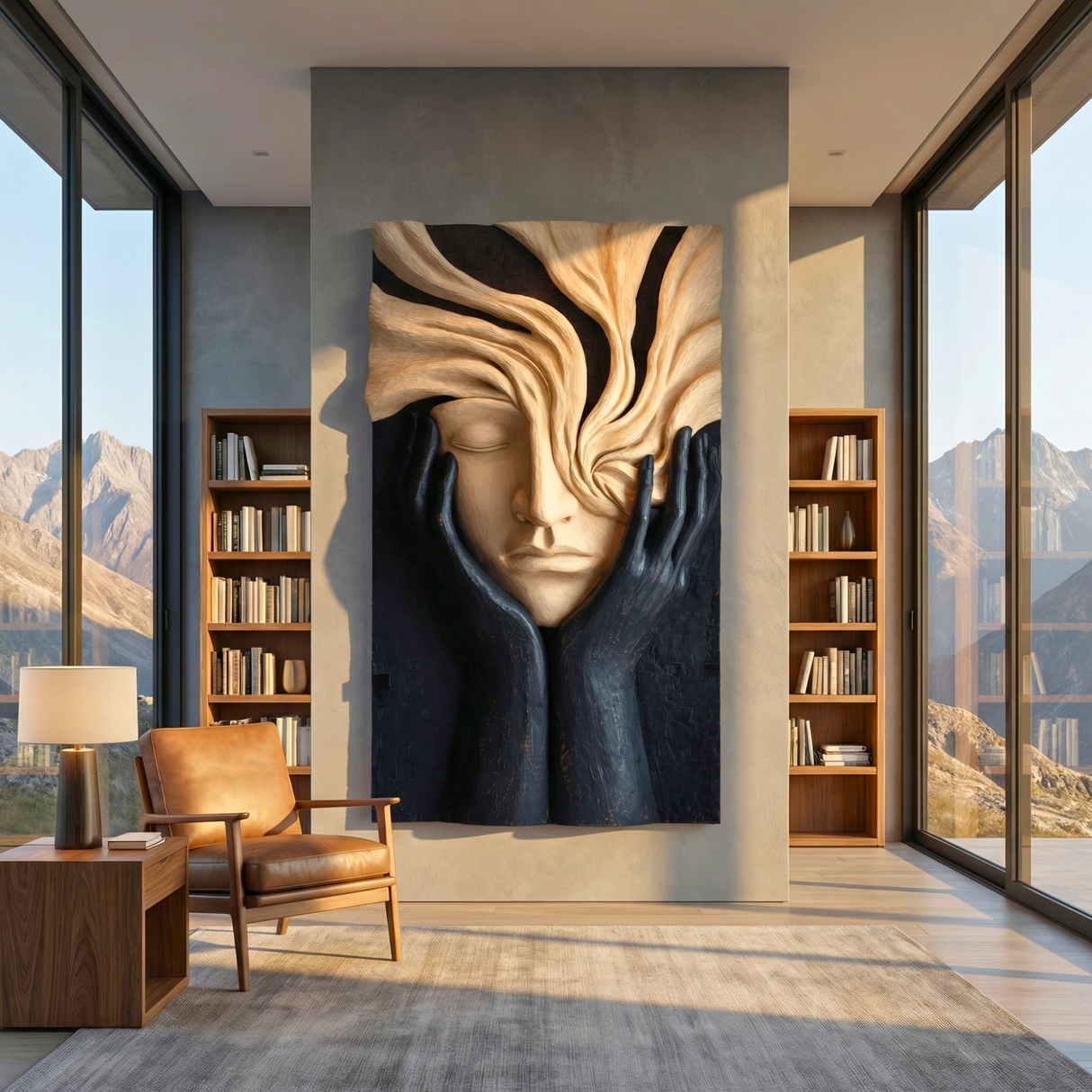 Handcrafted Solid Wood Face Wall Sculpture with Flowing Grain Hair and Black Relief Hands