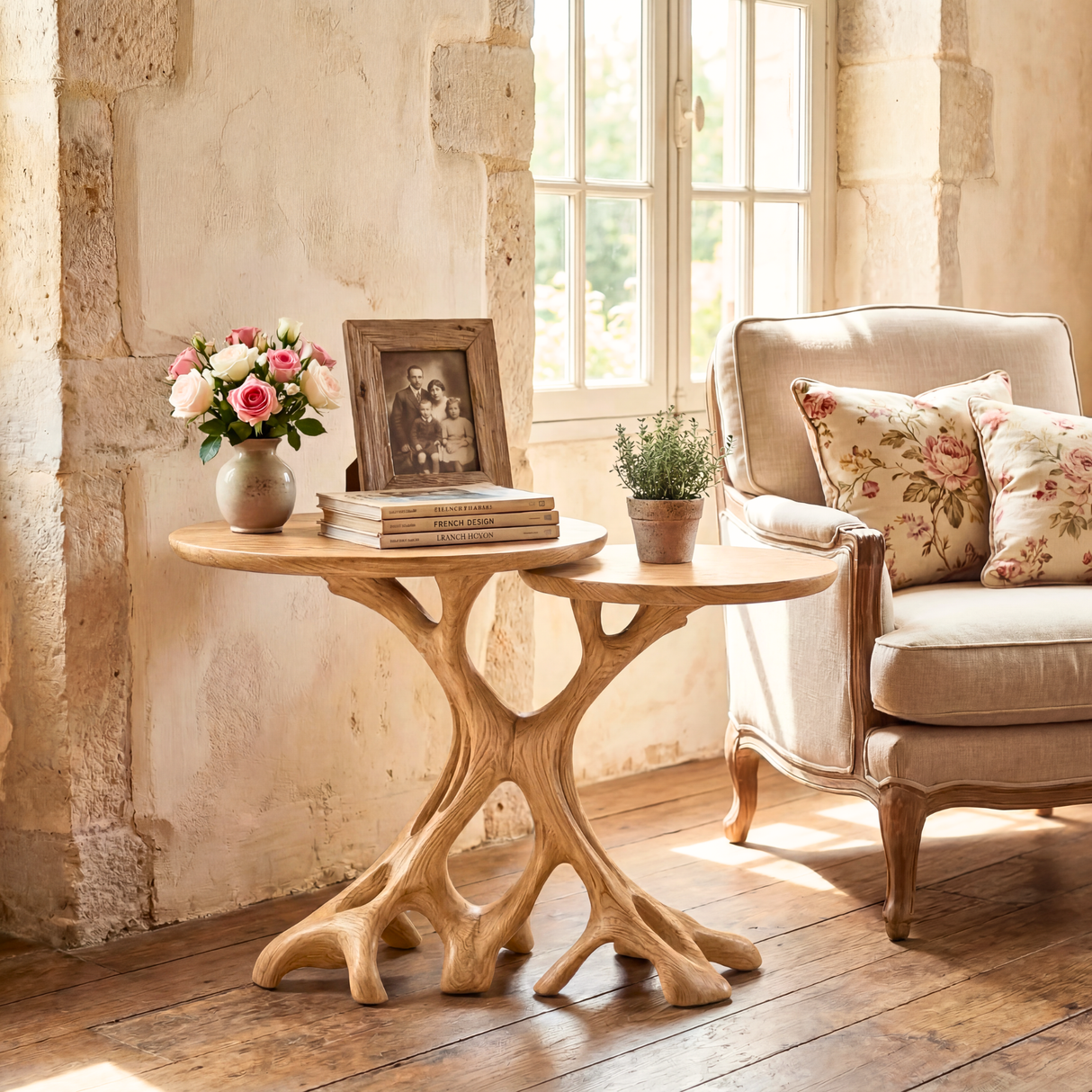 Twin Tree Root Side Tables Handmade Wooden Accent Set