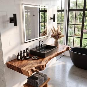 Solid Wood Floating Bathroom Vanity Shelf with Thick Live Edge Slab