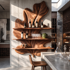 Tropical Leaf Solid Wood Wall Wine Holder with Three Display Shelves
