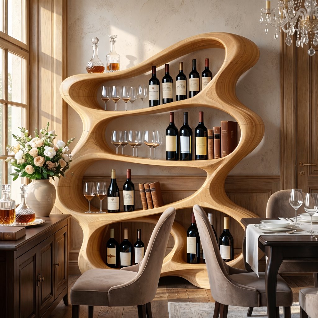 Handcrafted Solid Wood Wine Rack Cabinet with Flowing Open Shelves
