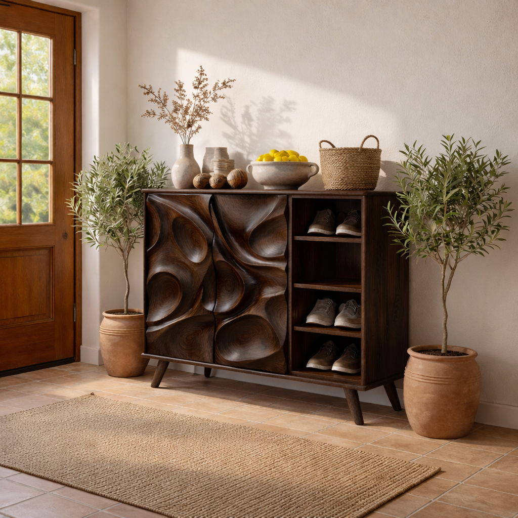 Handcrafted Solid Wood Shoe Cabinet with Sculptural Carved Doors for Entryways