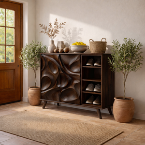 Handcrafted Solid Wood Shoe Cabinet with Sculptural Carved Doors for Entryways