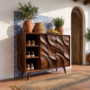 Handcrafted Solid Wood Shoe Cabinet with Sculptural Carved Doors and Open Side Shelves for Entryway
