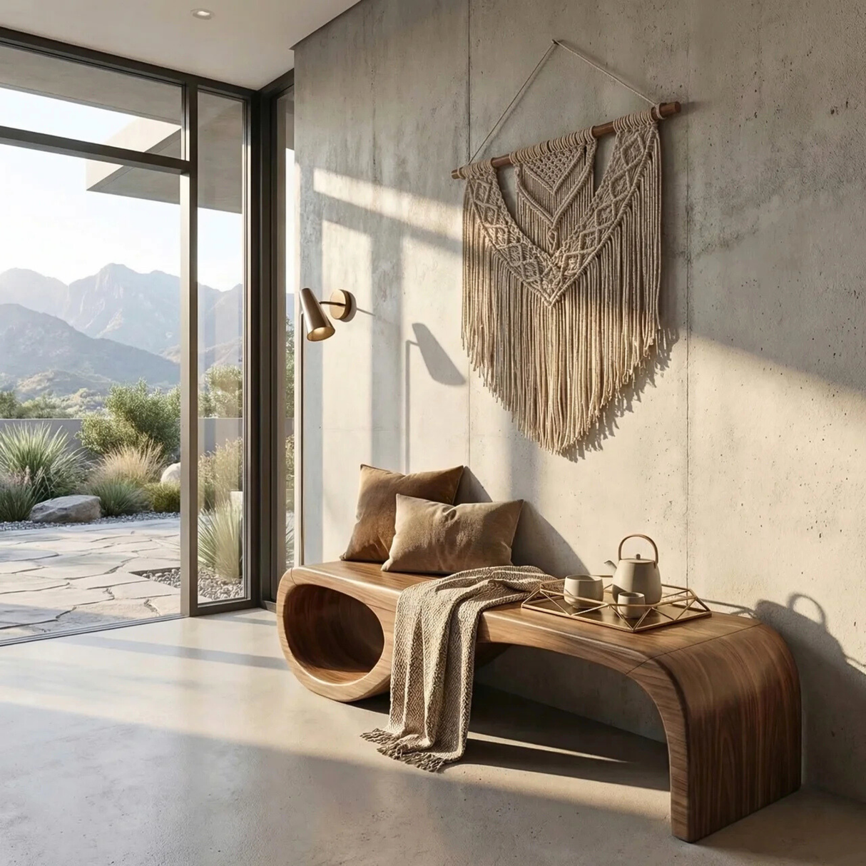 Organic Wood Bench with Sculptural Loop Base for Modern Mediterranean Interiors