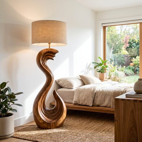 Sculptural Wood Floor Lamp with Wave-Inspired Carved Base