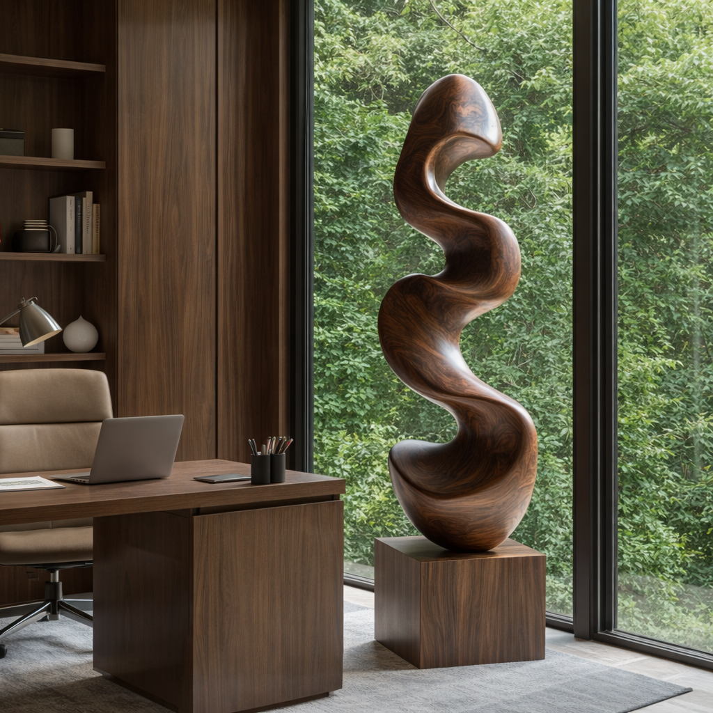 Solid Wood Sculptural Wave Floor Sculpture with Plinth for Modern Interiors