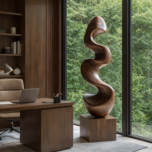 Solid Wood Sculptural Wave Floor Sculpture with Plinth for Modern Interiors